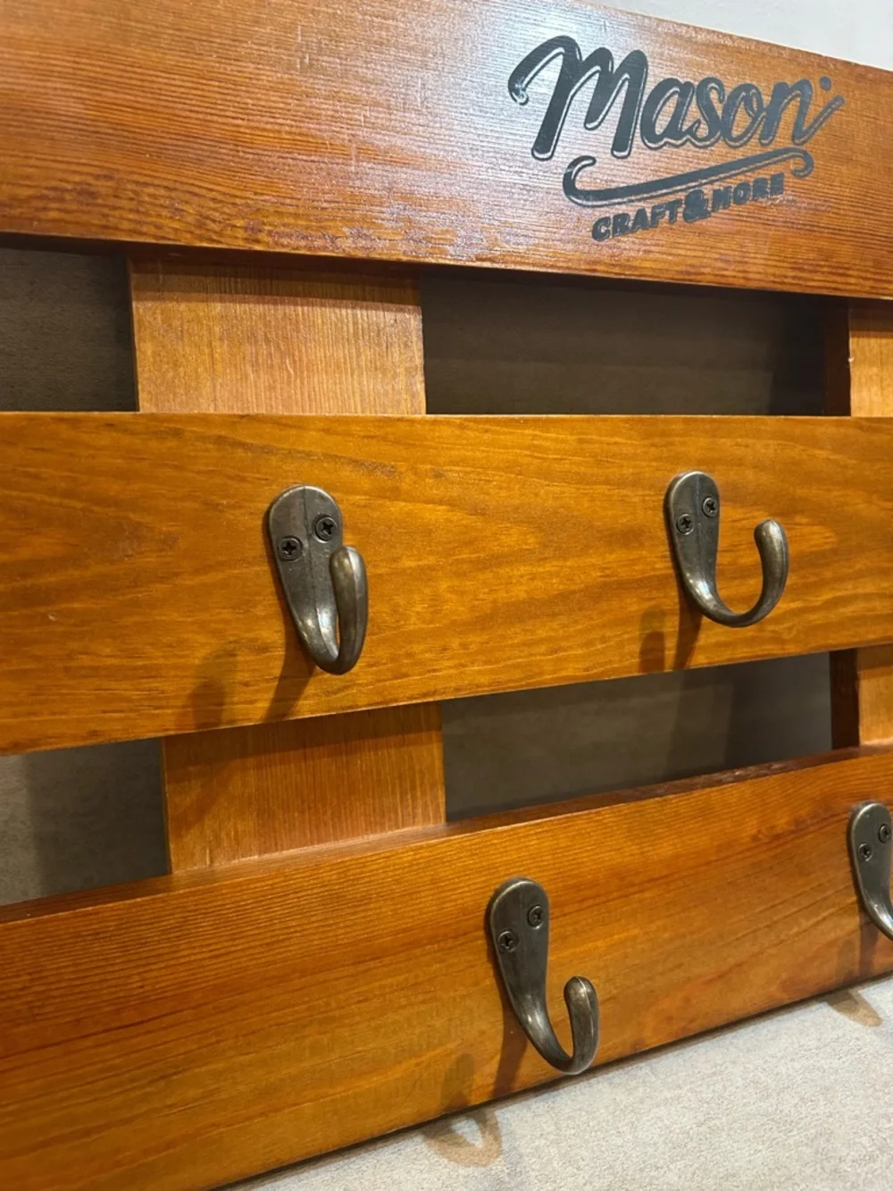 Mason Rustic Wooden Wall Rack with Dark Metal Hooks